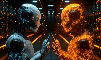 Poster - Futuristic Robots Interacting with Digital Data in a High-Tech Environment