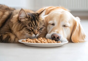 Aufkleber - Adorable Cat and Dog Resting Peacefully Together with Their Snacks on the Table : Generative AI