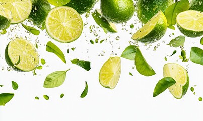 Aufkleber - Citrus Limes and Leaves in Motion Against a Pure White Background : Generative AI