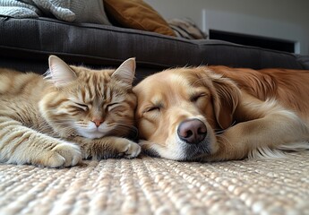 Poster - Cute Ginger Cat and Loyal Golden Retriever Snuggling Up Together on a Comfortable Rug : Generative AI