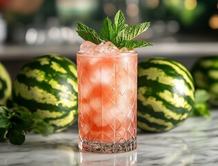 Aufkleber - Chilled watermelon drink garnished with mint leaves surrounded by fresh watermelons : Generative AI