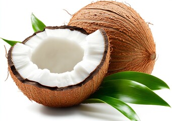 Poster - Halved coconut showcasing the creamy flesh with green palm leaves in the background : Generative AI