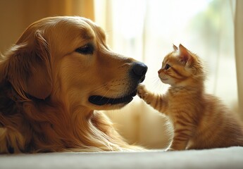 Poster - Golden Retriever and Playful Ginger Kitten Share a Cute Moment of Gentle Interaction : Generative AI