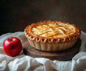 Poster - Freshly baked apple pie with a golden crust and a bright red apple on a wooden surface : Generative AI