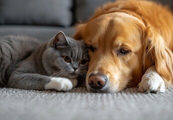 Poster - Playful grey cat snuggles with a golden retriever in a cozy living room environment : Generative AI