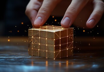 Poster - Close up of a hand interacting with a glowing wooden cube on a dark table : Generative AI