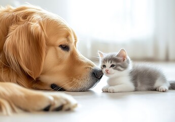 Aufkleber - CloseUp of Golden Retriever and Gray Kitten Sharing Affectionate Moment in Cozy Room : Generative AI