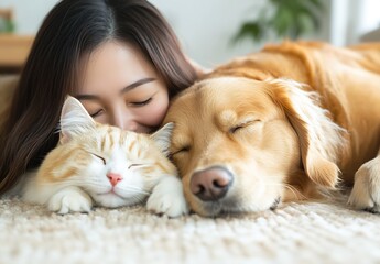 Poster - Woman cuddling with a sleeping golden retriever and fluffy cat on a soft carpet : Generative AI