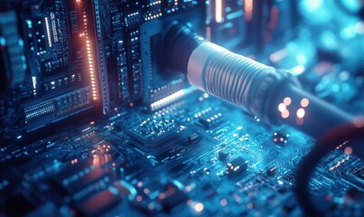 Aufkleber - Close-Up View of a Modern Circuit Board with Blue LED Lights and Data Cables, Showcasing Technology and Innovation in Electronics Industry