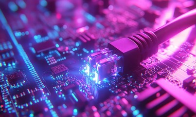 Aufkleber - Close-up View of a Network Cable Connected to a Brightly Lit Circuit Board with Neon Colors and Glowing Components