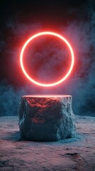Poster - Glowing Red Neon Circle Above Dark Stone Pedestal in Smoky Setting