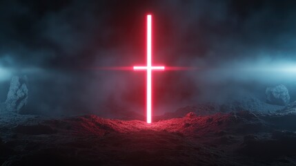 Poster - Glowing Red Neon Cross on Dark Textured Surface