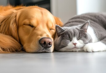 Poster - Golden Retriever and Gray Cat Taking a Peaceful Nap Together in a Sunlit Room : Generative AI