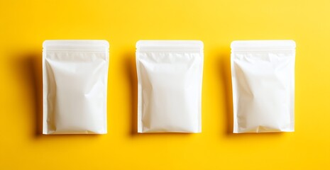 Poster - Three sealed white packets positioned on a vibrant yellow background making them stand out for packaging concepts : Generative AI