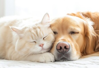 Poster - Golden retriever dog peacefully cuddling with a fluffy white cat in a sunlit room : Generative AI