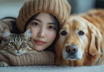 Poster - Fashionable young woman relaxing in a cozy outfit with a tabby cat and a golden retriever in a warm atmosphere : Generative AI