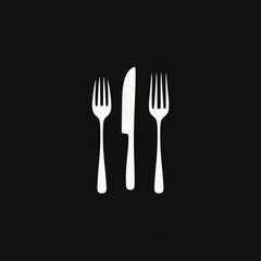 Poster - Minimalist cutlery logo featuring knife and fork silhouetted against a black background in an elegant modern design suitable for culinary branding