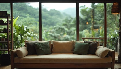 Poster - Charming Living Space with Natural Light and Lush Green Surroundings Visible through Large Windows : Generative AI