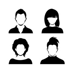 Poster - Silhouette portraits of four individuals with different hairstyles and clothing. These portraits capture anonymous and representational essence of people, vector bundle collection illustration