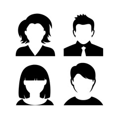 Poster - Silhouette portraits of four individuals with different hairstyles and clothing. These portraits capture anonymous and representational essence of people, vector bundle collection illustration