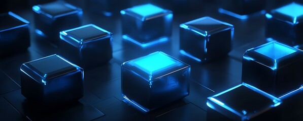 Poster - Intriguing closeup view of illuminated transparent cubes with a futuristic appeal in blue light : Generative AI