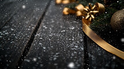 Aufkleber - Cozy winter decoration with golden ribbons and pine branches on dark wooden surface covered in snow : Generative AI