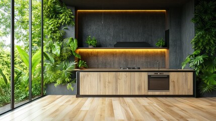 Aufkleber - A stunning modern kitchen harmoniously integrates natural elements with sleek wood cabinetry. Lush indoor plants breathe life into the space, illuminated by warm lighting