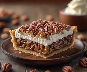Poster - Decadent Pecan Pie Slice Layered with Whipped Cream and Nuts Garnished with Caramel : Generative AI