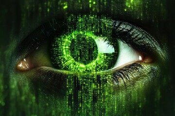 Poster - Intriguing Eye with Matrix Code in Green Colors and Futuristic Digital Effects