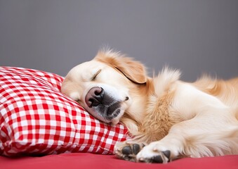 Poster - A peaceful golden retriever puppy sleeping soundly on a cozy checkered pillow in a relaxed setting : Generative AI