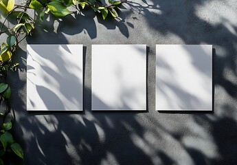 Poster - Three white blanks positioned against a dark textured wall with green plants creating a beautiful backdrop : Generative AI