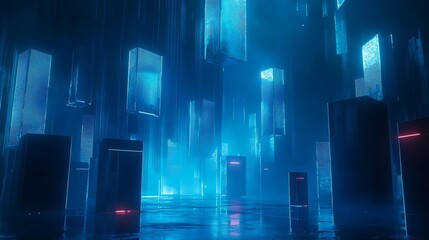 Aufkleber - Futuristic blue digital landscape with glowing structures in a cybernetic environment : Generative AI