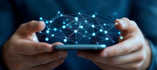 Fototapete - Person holding smartphone while visualizing network connections in digital landscape : Generative AI