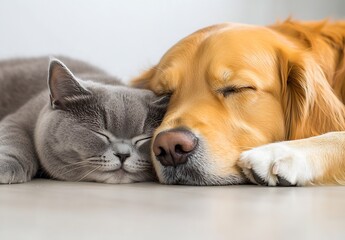 Poster - Tender moment of golden retriever dog and gray cat gently resting their heads together in bliss : Generative AI