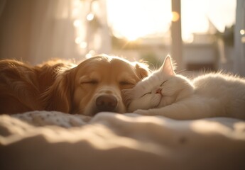 Aufkleber - Golden Retriever and White Cat Sleeping Peacefully Together in Cozy Light : Generative AI