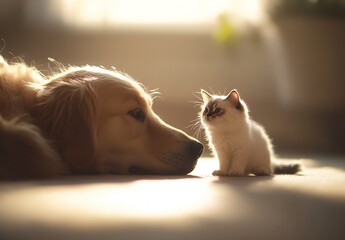 Poster - Charming golden retriever dog with small fluffy white kitten sharing a quiet moment together : Generative AI