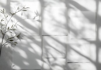 Aufkleber - Artistic Display of Blank Papers with Natural Shadows from Greenery for Creative Design Inspiration : Generative AI