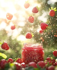 Aufkleber - Fresh strawberries falling from above into jar creating a splash of summer joy and sweetness : Generative AI