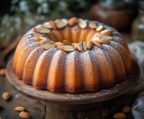 Poster - Delicious Bundt Cake Topped with Almonds and Dusting of Powdered Sugar Styled for Baking Promotions : Generative AI