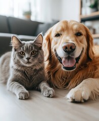 Poster - Playful golden retriever dog smiling alongside gray cat in a modern interior with wood accents : Generative AI