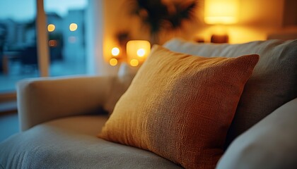 Poster - Cozy living room with stylish orange cushion on beige sofa in warm ambient lighting : Generative AI