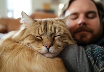 Poster - CloseUp of Content Cat Snuggling with a Relaxed Person on a Cozy Couch : Generative AI
