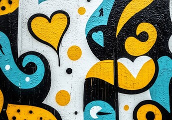 Fototapete - Playful mural featuring abstract shapes and vibrant colors with hearts and swirls for artistic expression : Generative AI