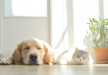 Poster - Golden retriever and tabby cat napping peacefully in sunlight near potted plant : Generative AI