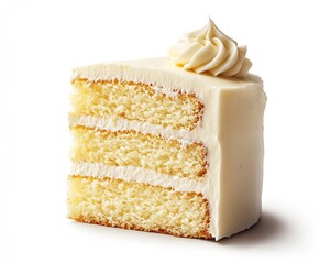 Aufkleber - Enticing slice of moist vanilla cake layered with creamy frosting on a plain white background : Generative AI