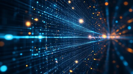 Leinwandbilder - Digital futuristic backdrop with flowing lines of blue and orange particles creating a vibrant energy field : Generative AI