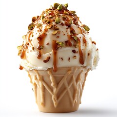 Poster - Delicious ice cream cone topped with nuts and caramel drizzle perfect for dessert lovers : Generative AI