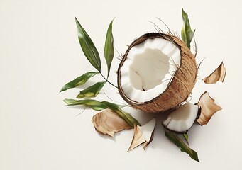 Aufkleber - Fresh coconut cut in half with coconut flakes and green leaves on a bright background : Generative AI