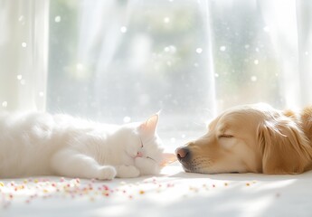 Aufkleber - Golden Retriever and White Cat Sleeping Peacefully Together in Sunlit Room : Generative AI