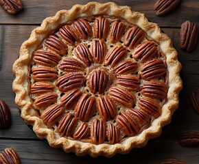 Poster - Homemade pecan pie fresh from the oven adorned with shiny nuts in golden flaky crust for dessert : Generative AI